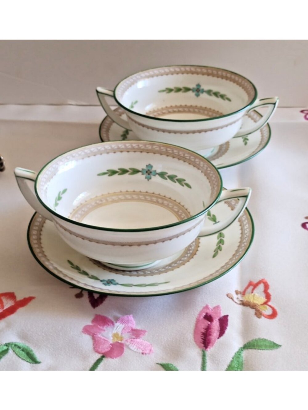 Vintage Minton Footed Double Handled Soup Bowls with Saucers  "Kent" Pattern